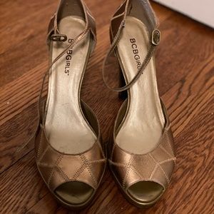 BCBGirls Gold Platform Ankle Strap Heels - Size 6.5